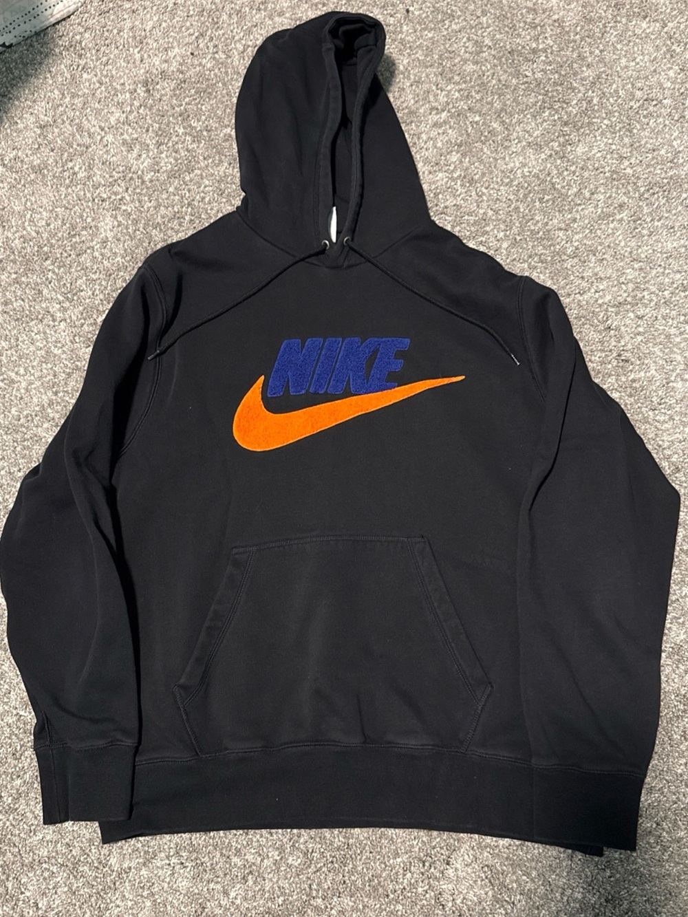 Nike Black Hoodie with Fleece Blue Logo and Orange Swoosh Accent